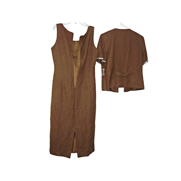 Coldwater Creek Linen Dress Suit and Jacket Brown Womens Sz 6 MOP Embellishments - Picture 4 of 15